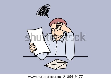 Unhappy man reading bad news in letter feel frustrated with massage. Upset guy distressed with notice or notification. Frustration and post mail. Vector illustration. 