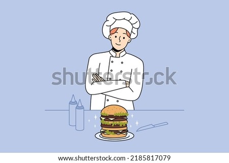 Proud male chef cook burger in bar or cafe. Smiling man in uniform preparing American style meal. Fast food at restaurant. Vector illustration. 