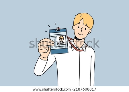 Businessman present ID card in office. Smiling male employee showing personal badge at workplace. Staff document. Vector illustration. 