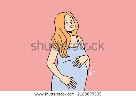 Smiling young woman touching belly excited with pregnancy. Happy pregnant female hold hands caress abdomen. Motherhood concept. Vector illustration. 