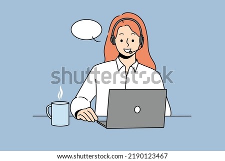Smiling woman in headset sit ta desk talk on video call on computer. Happy female call center agent have online conversation on laptop. Vector illustration. 