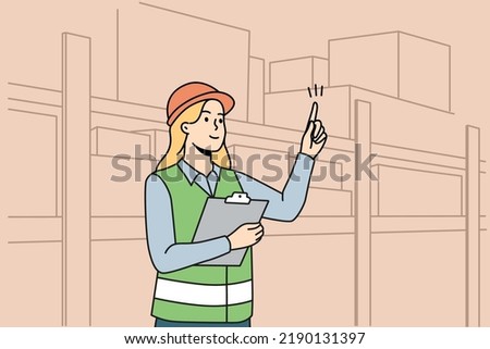 Woman engineer in uniform working at warehouse. Female employee in helmet busy at depot or storehouse. Vector illustration.  ストックフォト © 