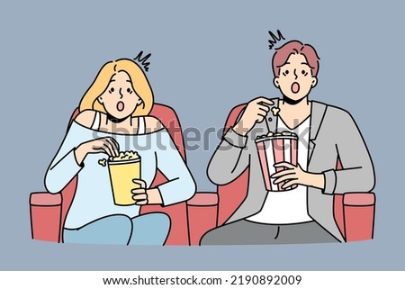 Couple eat popcorn enjoy movie in cinema. Emotional man and woman feel stunned with film in theater. Entertainment and weekend. Vector illustration. 