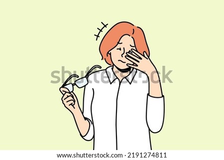Unhealthy woman take off glasses suffer from migraine. Unwell female struggle with dizziness or blurry vision. Sight problem and healthcare. Vector illustration. 