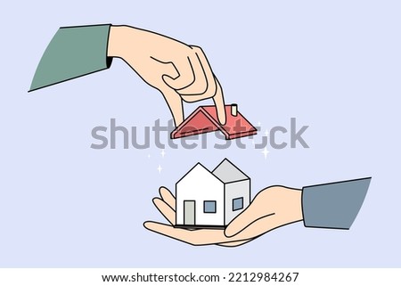 Huge hands building tiny house, set roof on building. Concept of construction. Real estate and rental. Vector illustration. 