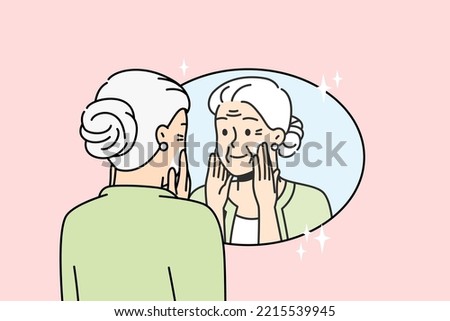 Elderly lady puts anti-aging cream on face in front of mirror. Old woman takes care of facial skin to remove wrinkles. Pensioner wants to stay young, doing beauty routine. Vector linear illustration.