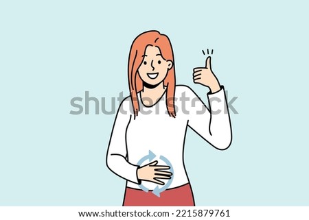 Happy girl feeling good herself after eating. Young lady has healthy digestion, holds hand on her stomach, shows like gesture. Female student has well nutrition. Vector outline illustration in color.