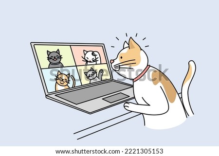 Cute cat talk on video call with cats on computer. Pet have webcam conversation on laptop with kittens. Technology concept. Vector illustration. 