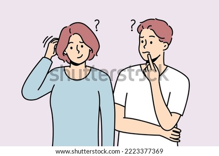 Confused man and woman thinking solving problem together. Frustrated couple feel unsure or doubtful look for solution or decision. Vector illustration. 