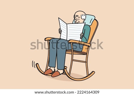 Elderly man sit in rocking chair reading newspaper. Old grey-haired grandfather relax in armchair enjoy press. Happy calm maturity. Vector illustration. 