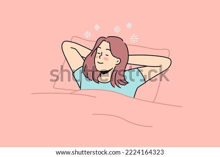 Happy young woman lying in bed sleeping. Smiling girl relax in bedroom dreaming or napping. Relaxation and comfort. Vector illustration. 