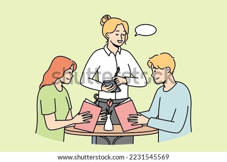 Waitress takes order from young couple in restaurant. Guy and girl choose food, drinks in cafe. Man, woman spend time in coffeehouse. Speech bubble. Vector thin line colored illustration.