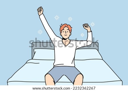 Happy young man stretch waking up in home bedroom. Smiling guy excited with good morning in bed do morning gymnastics. Vector illustration. 