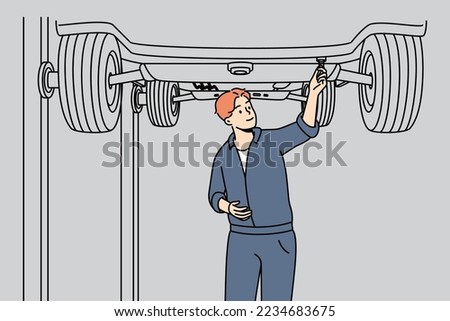 Automobile mechanic working under lifted car. Repairman doing repair, maintenance underneath auto in garage. Serviceman checking vehicle. Worker changing tires. Vector linear colored illustration.
