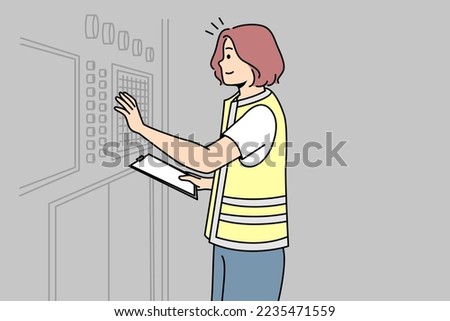 Girl in uniform adjusts industrial equipment on control panel with buttons in factory. Woman worker checks settings, current state, performance at plant. Vector thin line colored illustration.