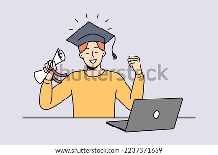 Overjoyed young man in hat hold diploma in hands celebrate graduation studying online. Smiling male graduate excited about university finish. Remote education. Vector illustration. 