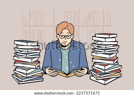 Smart young man in glasses sit in library with pile of books reading. Clever guy enjoy literature studying at desk with textbooks stacks. Vector illustration. 