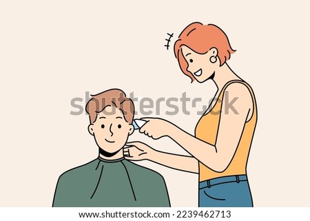 Smiling male client get hairdo in barbershop. Female barber give hairstyle to happy man customer in saloon. Beauty and haircare. Vector illustration. 