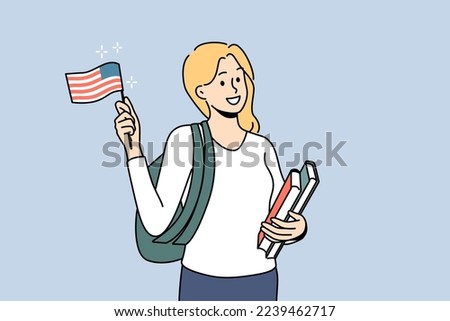 Smiling girl student with backpack and books holding American flag in hands. Happy woman ready for international study program abroad. Vector illustration. 