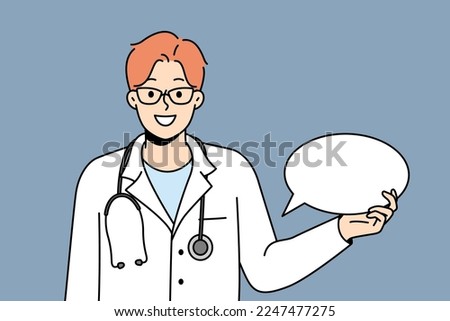 Smiling young doctor in medical uniform hold empty speech bubble. Happy medical worker with mockup talk balloon share message. Vector illustration. 