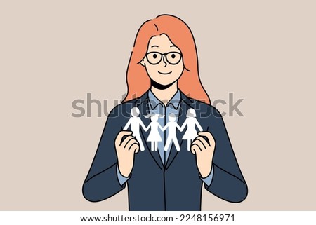 Smiling female social worker holding family paper model in hands. Happy woman help with problems for parents and children. Aid and assistance. Vector illustration. 