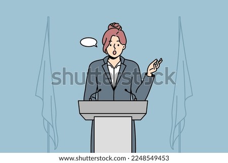 Businesswoman with speech bubble above head speak at conference. Female employee in formalwear make presentation at business meeting or seminar. Vector illustration. 