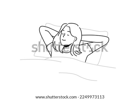 Happy young woman lying in bed sleeping. Smiling girl relax in bedroom dreaming or napping. Relaxation and comfort. Vector illustration. 