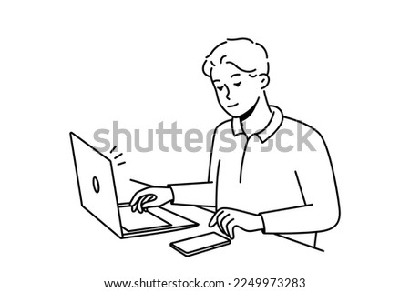 Young businessman sit at desk work on laptop use cellphone. Male employee multitask busy with electronic gadgets on table in office. Vector illustration. 