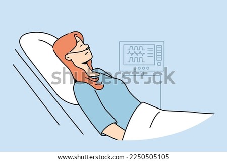 Sick woman with oxygen lying in hospital bed. Unhealthy female patient rest in clinic, monitored with electronic devices. Healthcare and medicine. Vector illustration. 