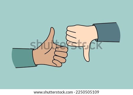 Closeup of people hands showing thumb up and down. Man or woman demonstrate like or dislike. Approval and disapproval. Vector illustration. 