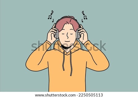 Smiling young man listen to music in modern wireless headphones. Happy guy enjoy good quality sound in earphones. Hobby and amusement. Vector illustration. 