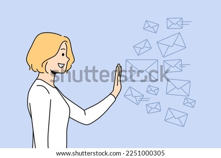 Smiling young woman stop numerous letters overwhelmed with excessive notifications. Happy girl reject spam emails. Vector illustration. 