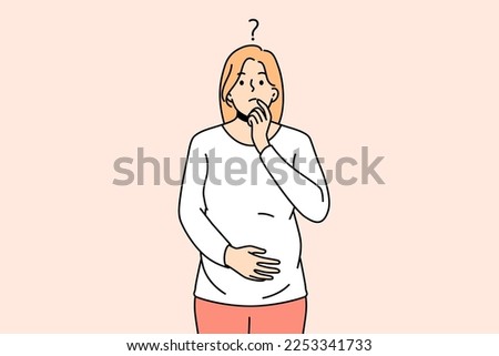 Frustrated young pregnant woman touch belly feeling doubtful thinking. Confused female feel questionable and unsure about pregnancy. Vector illustration. 