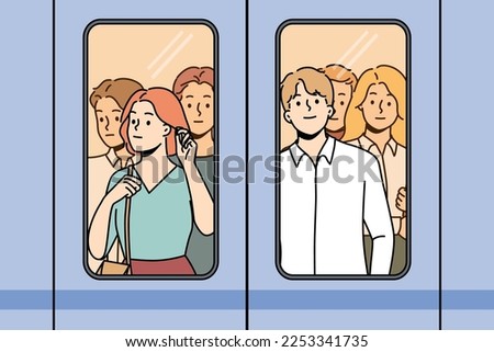 People standing behind glass in metro. Crowd near doors in subway train. Public transportation. Vector illustration. 