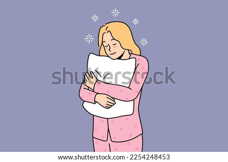 Happy young woman in pyjama feel sleepy holding fluffy pillow in hands. Smiling girl in pink pajama ready for sleep or nap at home. Fatigue and relaxation. Vector illustration. 