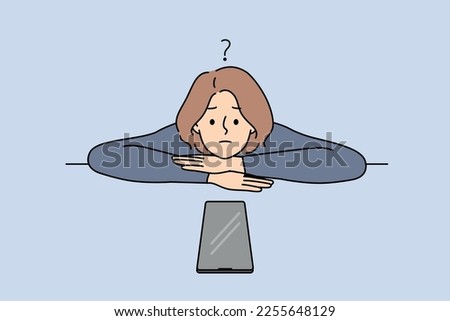 Unhappy young woman feel frustrated looking at cellphone waiting for call or message. Upset confused girl distressed with missing notification on smartphone. Vector illustration. 