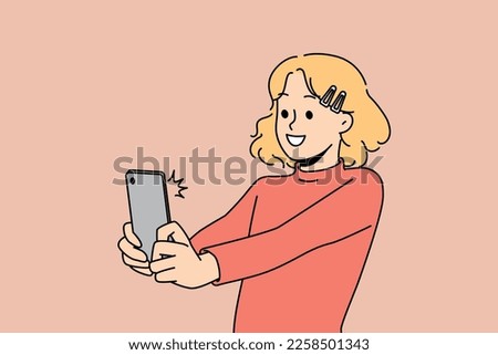 Smiling girl child make self-portrait picture on smartphone. Happy kid have fun taking selfie on cellphone. Children and technology. Vector illustration. 