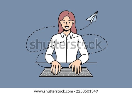 Smiling businesswoman sit at table typing on keyboard on computer sending message or email. Happy female employee busy working at workplace. Vector illustration. 