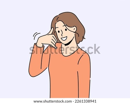 Smiling woman show call me hand gesture. Happy girl demonstrate callback ask to dial or make phone call. Body language. Vector illustration. 