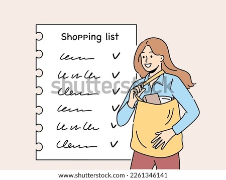 Smiling woman with shopping list doing groceries. Happy female with bag full of products check items in buying plan on paper. Vector illustration. 