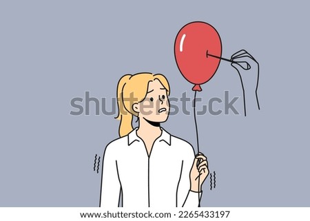 Huge hand pierce balloon with needle. Stressed female employee overwhelmed with work and burnout. Concept of dreams and illusion falling apart. Vector illustration. 