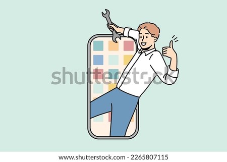 Smiling man with wrench in hands repair smartphone. Happy mechanic or technician fix cellphone application. Technology concept. Vector illustration. 