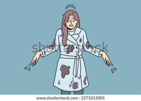 Stressed woman in dirt after fall in puddle. Unhappy distressed girl in dirty clothes suffer from falling in mud. Vector illustration. 