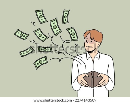 Distressed man with empty wallet suffer from bankruptcy. Unhappy frustrated male have cash flowing from purse. Finance problems. Vector illustration. 