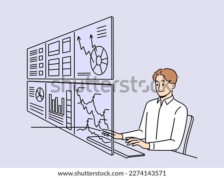 Man working on numerous computer monitors with financial graphs and diagrams. Male employee busy with charts in office. Management and technology. Vector illustration. 