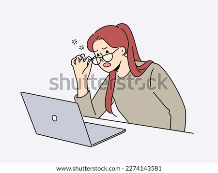Stunned woman take off glasses look at laptop screen socked with unexpected mail or message. Unhappy woman work on computer surprised with unbelievable news. Vector illustration. 