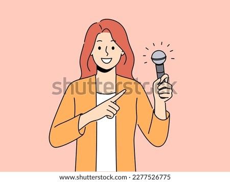 Smiling woman point at microphone holding in hands. Happy female singer or performer demonstrate mic in hands. Hobby and entertainment. Vector illustration. 