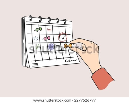 Person hand attach pin on calendar hanging on wall. Businessperson make plans on month schedule. Time management concept. Vector illustration. 