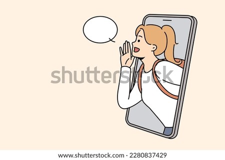 Girl with backpack make hand gesture scram form cellphone screen about good sale deal or promotion. Woman with hands as megaphone make announcement. Vector illustration. 