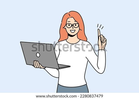 Smiling businesswoman with laptop in hands put finger in air excited about innovative idea. Happy woman employee generate business thought work on computer. Vector illustration. 